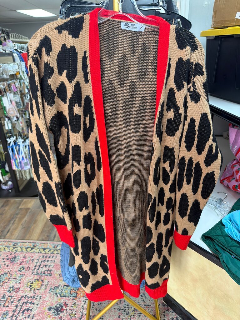 Leopard Print Open Cardigan with Red Trim