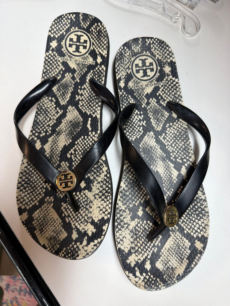 Tory Burch Women's Black and Beige Snakeskin Flip Flops