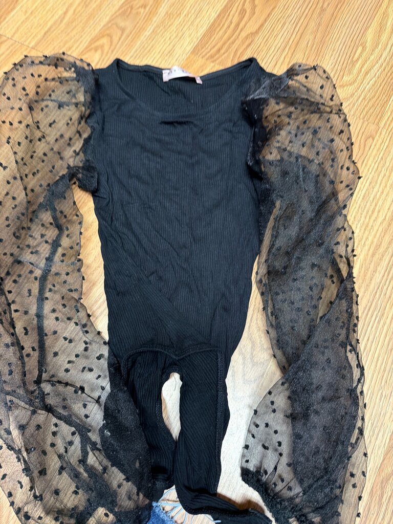 Blue Blush Black Bodysuit with Polka Dot Sleeves