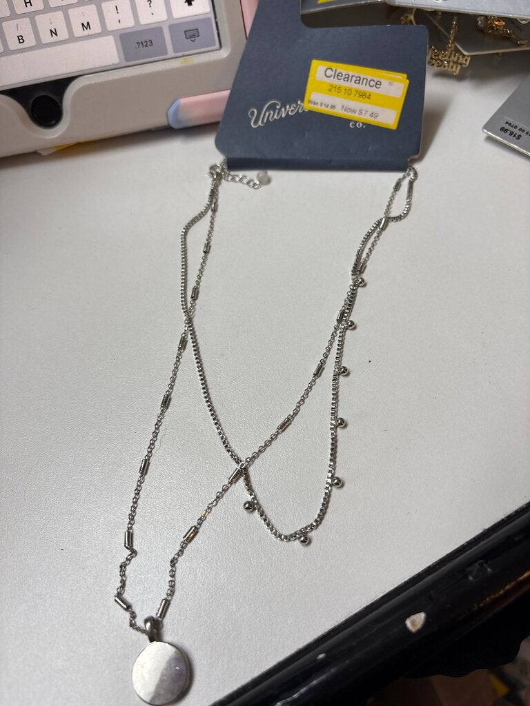 Silver Layered Necklace with Disk Pendant