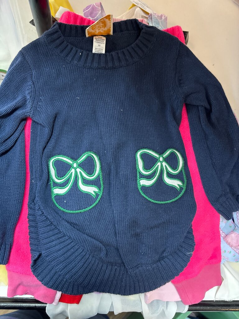 Navy Blue Sweater with Green Bow Pockets