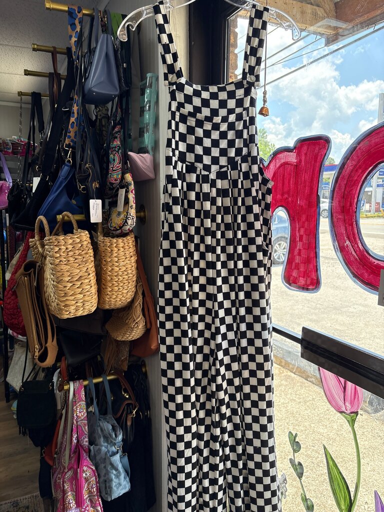 Black and White Checkered Overall Dress