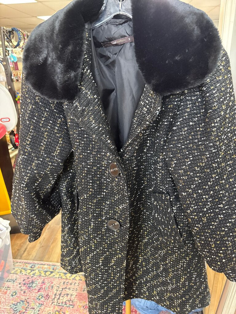 Black Faux Fur Collar Tweed Jacket
