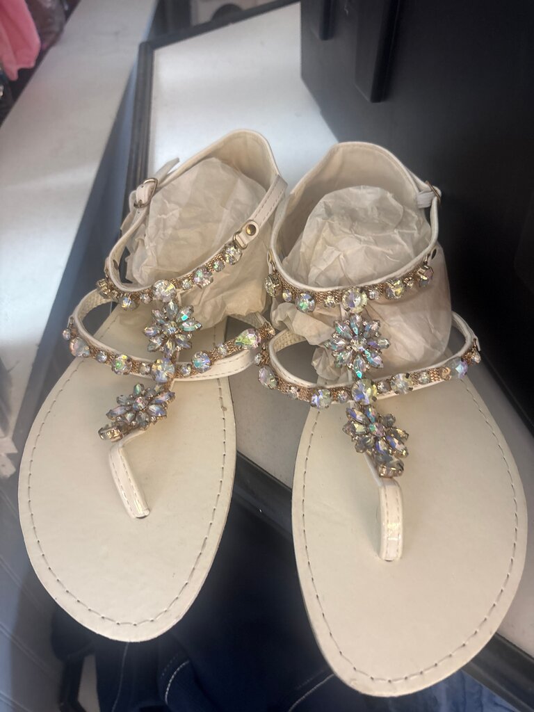 White Bejeweled Flat Sandals