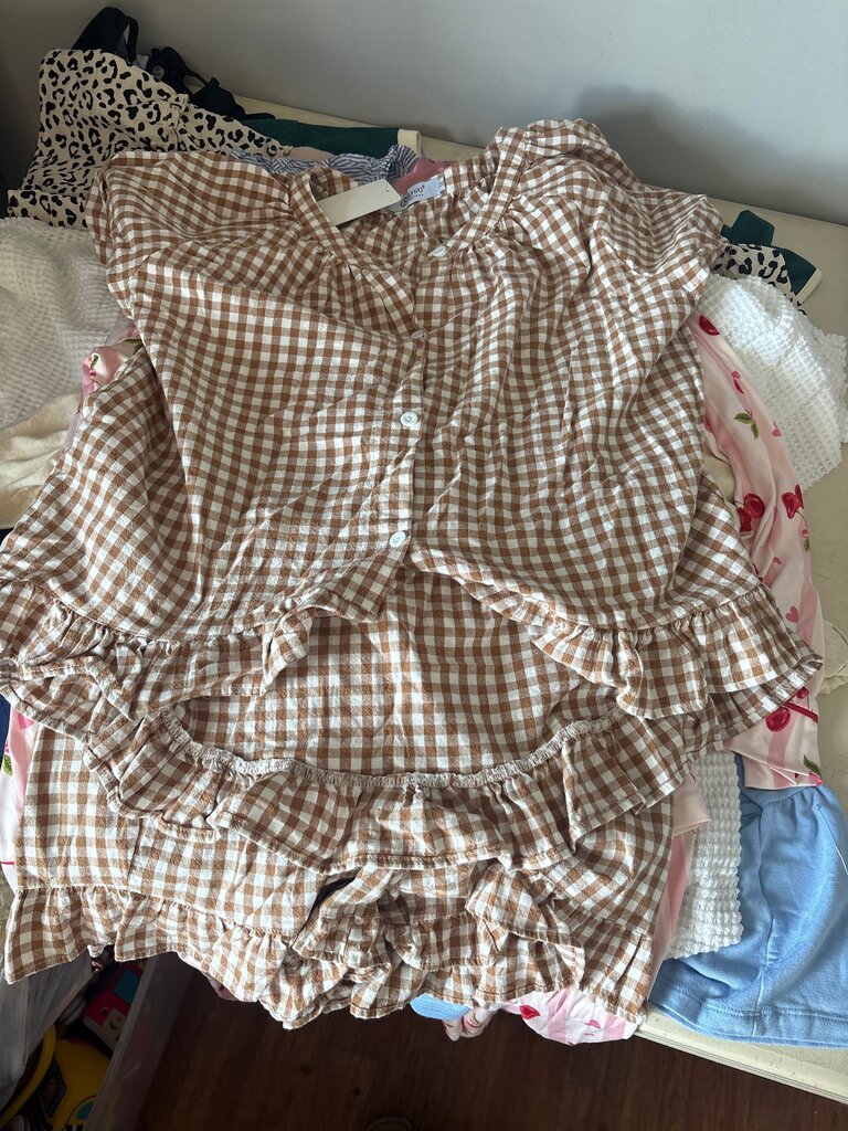 Brown Checkered Ruffled Top and Shorts Set