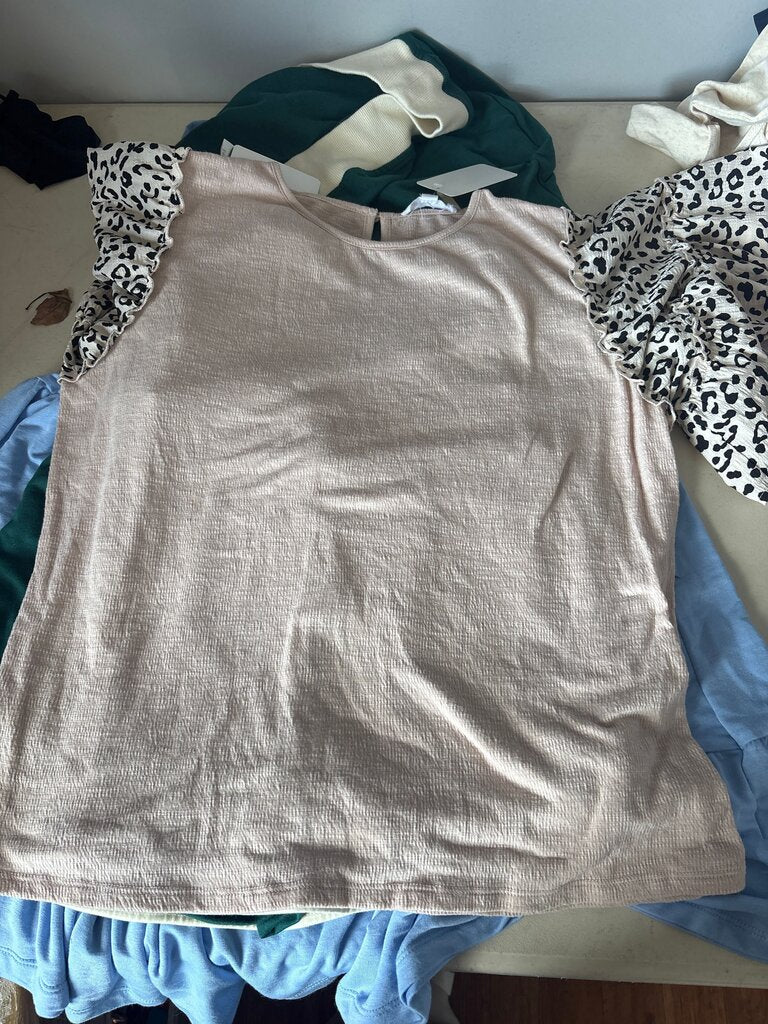 THML Women's Short Sleeve Top with Leopard Print Sleeves