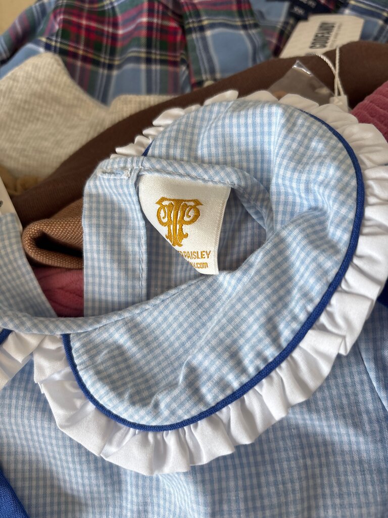 Blue Gingham Dress with Ruffled Collar