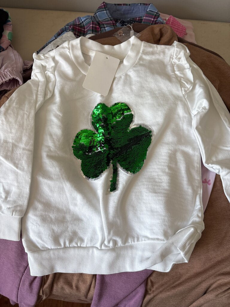 White Sweatshirt with Green Sequin Shamrock