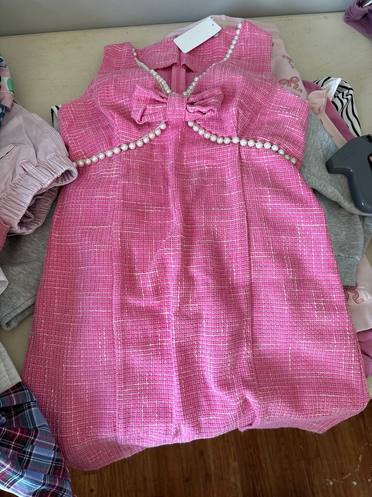 Girls' Pink Dress with Bow and Pearls