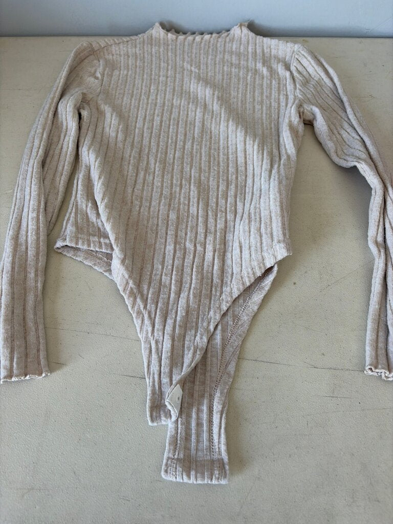 Beige Long Sleeve Ribbed Bodysuit