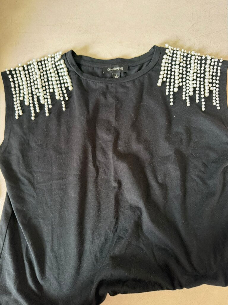 Calligraphie Black Top with Beaded Shoulders