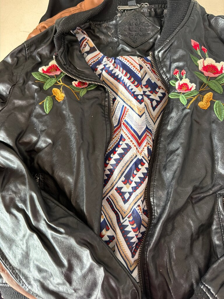 Joujou Black Leather Bomber Jacket with Floral Embroidery