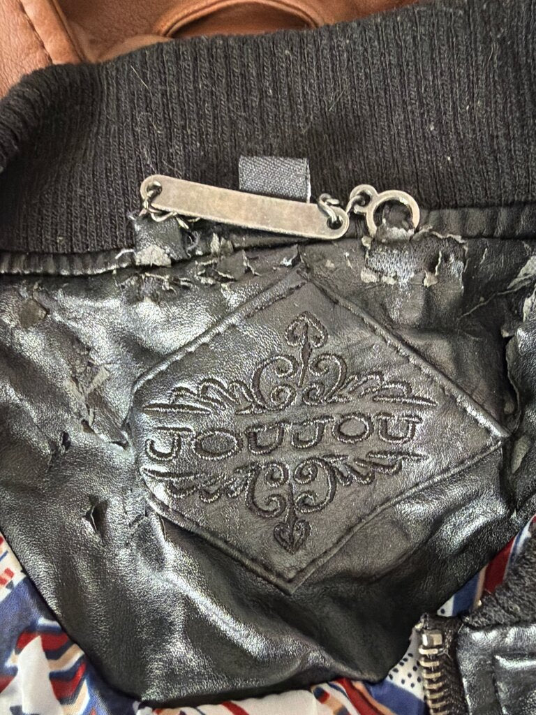 Joujou Black Leather Bomber Jacket with Floral Embroidery