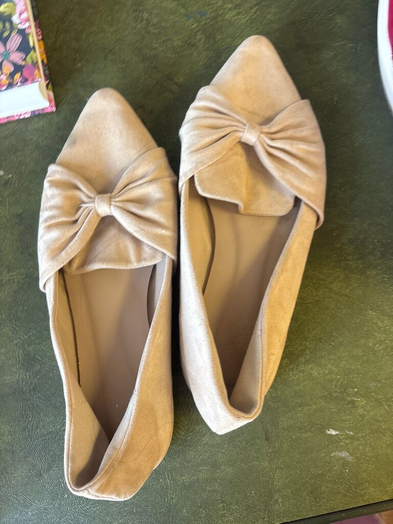 Beige Pointed Toe Flats with Bow