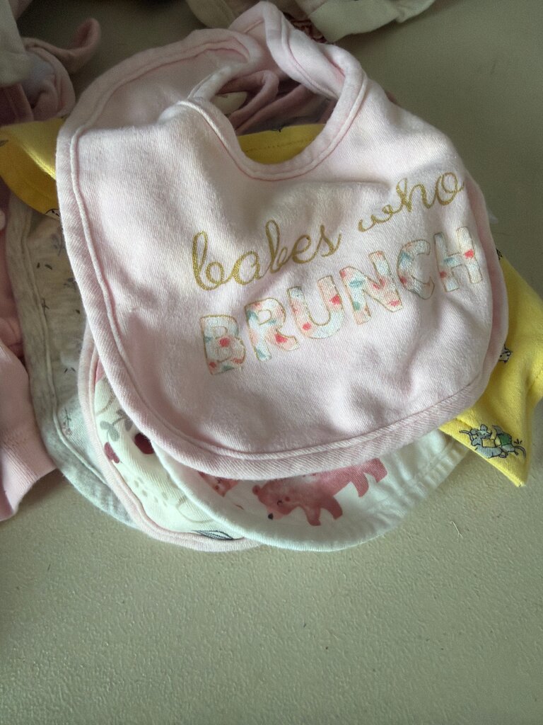 Baby Bib with Floral Print and 'Bakes Who Brunch' Text