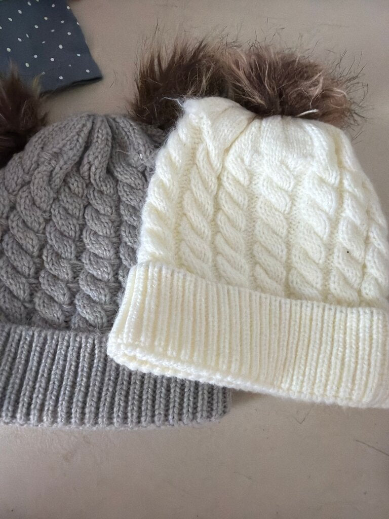 Cable Knit Beanies with Pom Poms