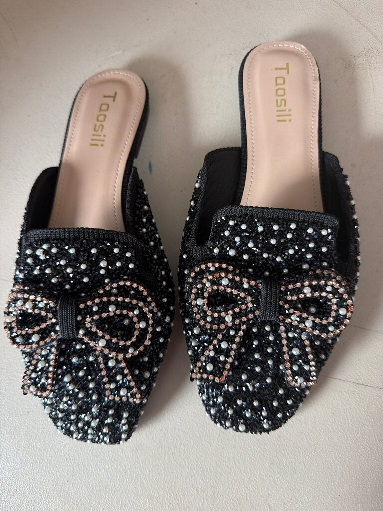 Taosili Women's Black Beaded Slip-On Mules