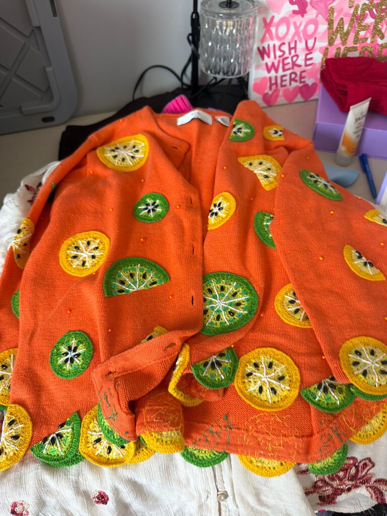 Bright Orange Fruit Pattern Cardigan