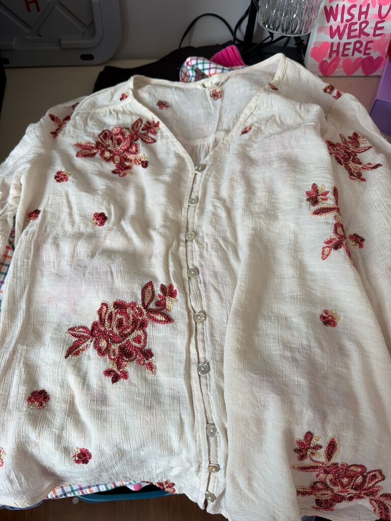 Embroidered Lightweight Button-Up Blouse