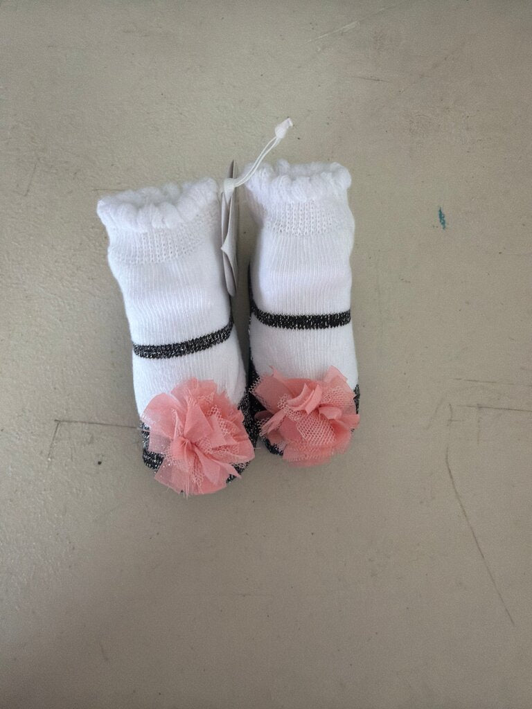 White Baby Socks with Pink Flowers