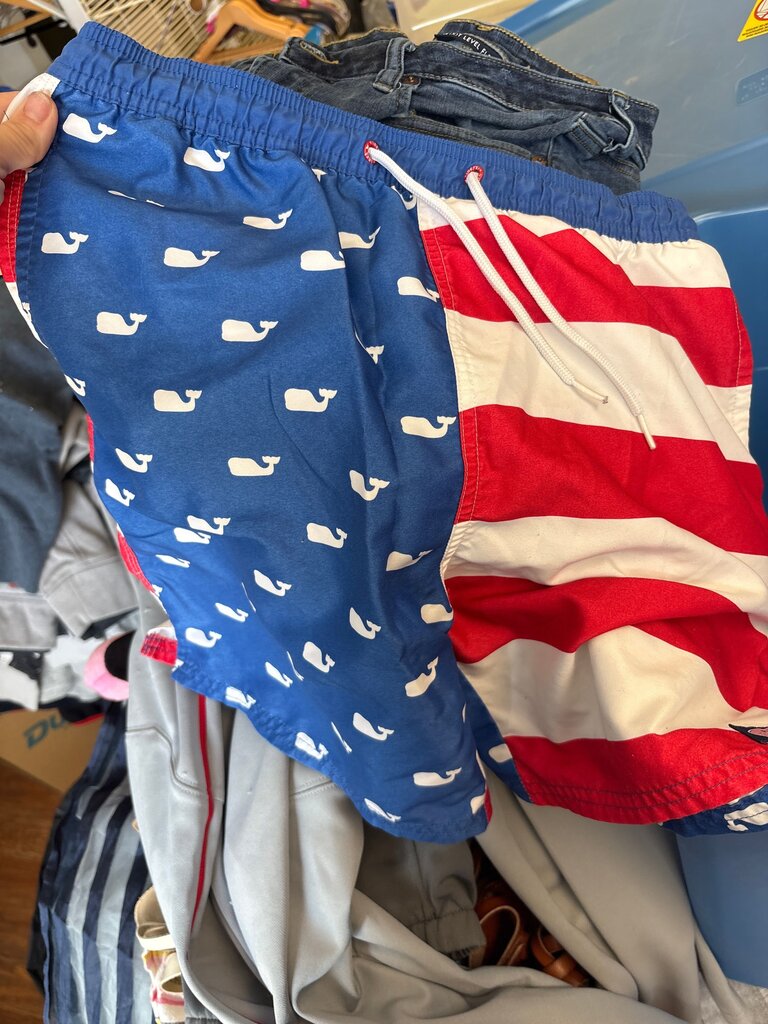 Vineyard Vines Boys Swim Trunks with Whale Print and American Flag