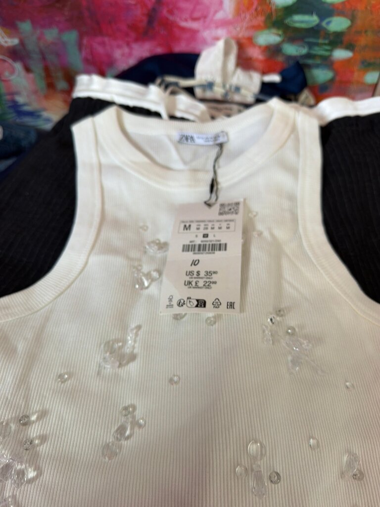 White Ribbed Tank Top with Beaded Design