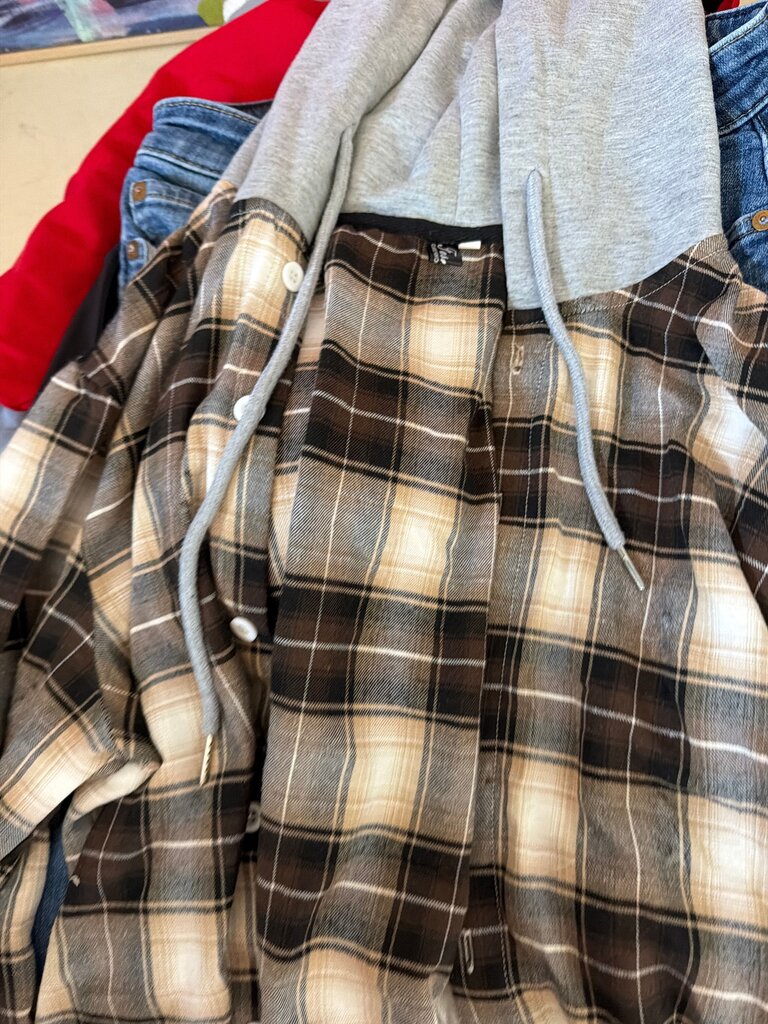 Brown and Gray Plaid Flannel Hooded Shirt