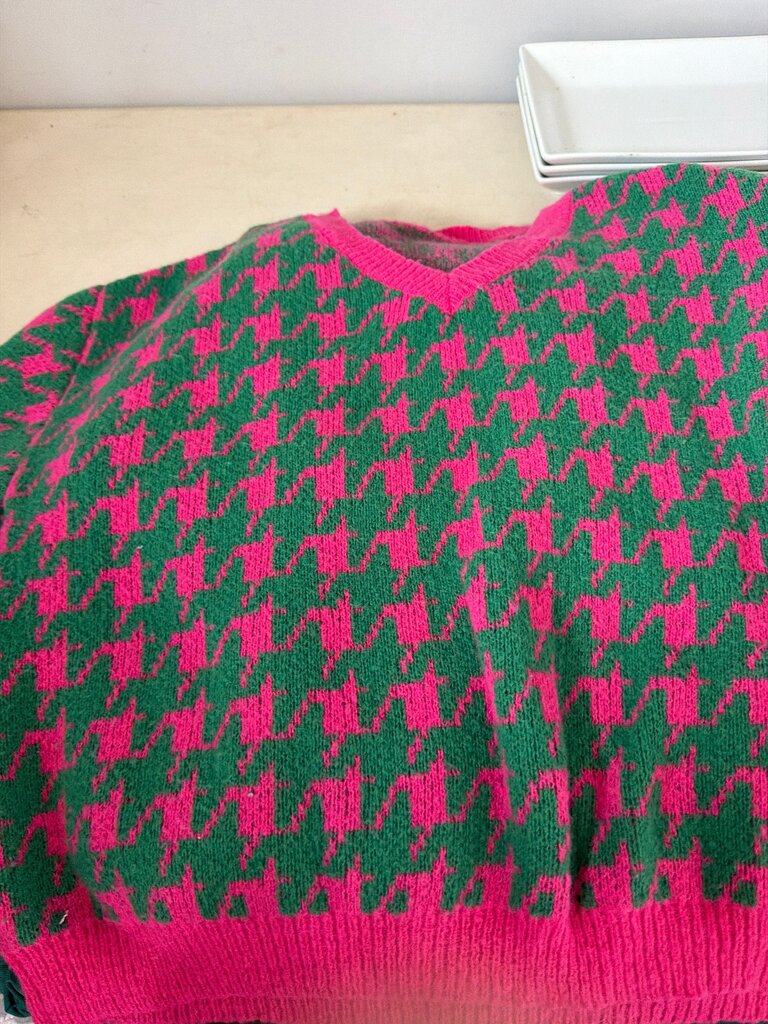 Green and Pink Houndstooth Sweater