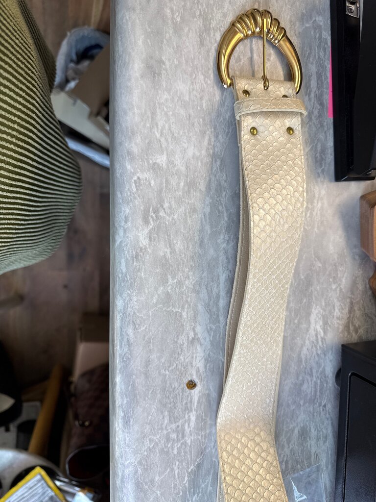 Women's Cream Faux Leather Belt with Gold Buckle