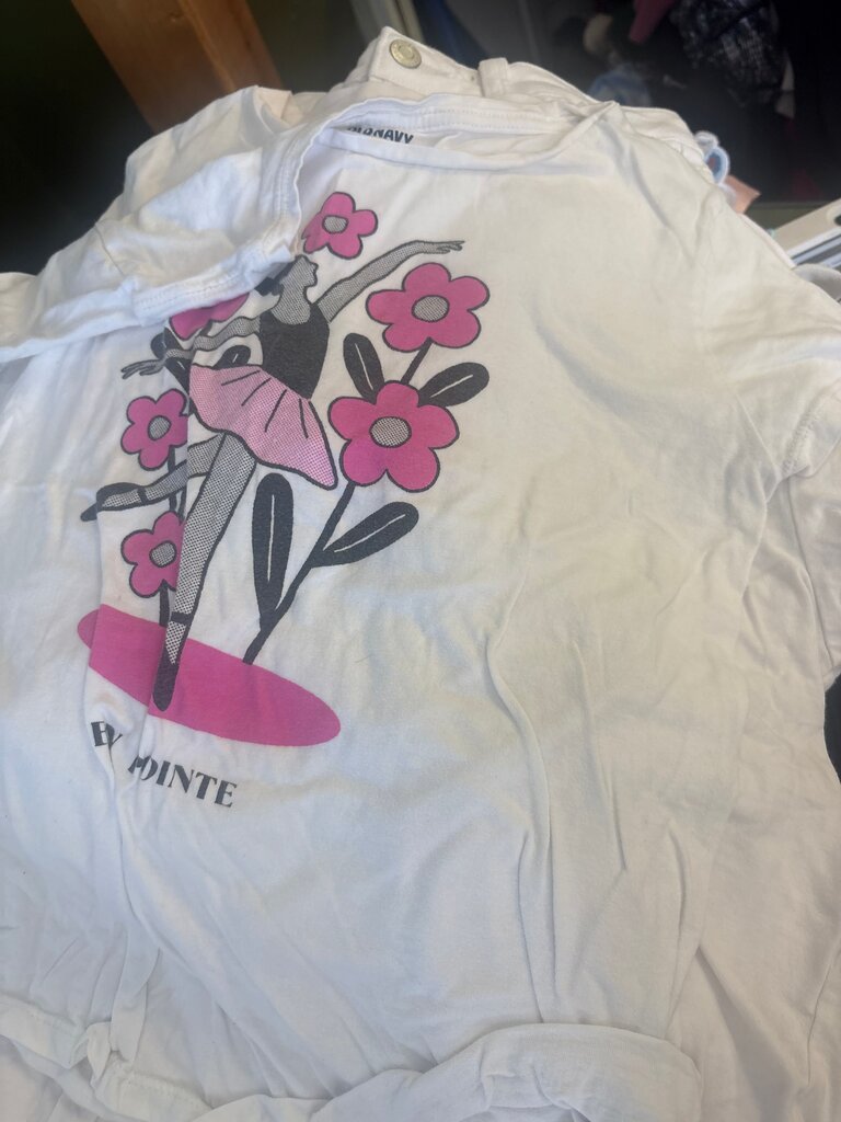 Girls' White Graphic Tee with Ballerina Design
