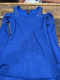 Cute Blue Cold Shoulder Top with Rhinestones