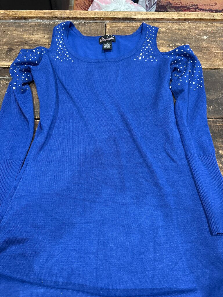 Cute Blue Cold Shoulder Top with Rhinestones