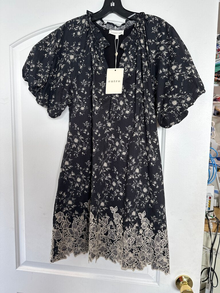 Floral Black Dress with Lace Trim