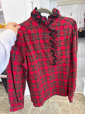 Vintage Red Plaid Shirt with Ruffled Collar