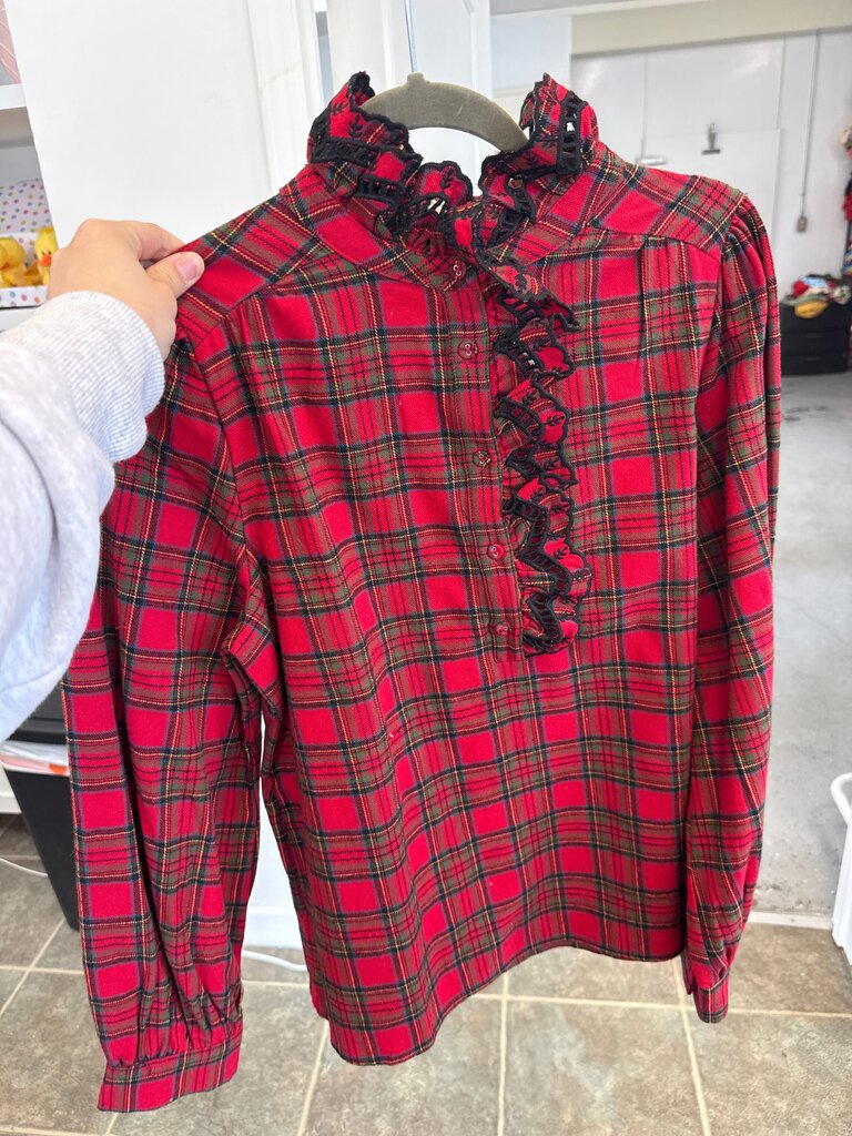 Vintage Red Plaid Shirt with Ruffled Collar