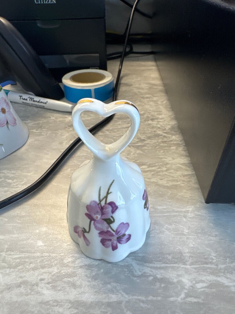 Heart Handle Porcelain Bell with Purple Flowers