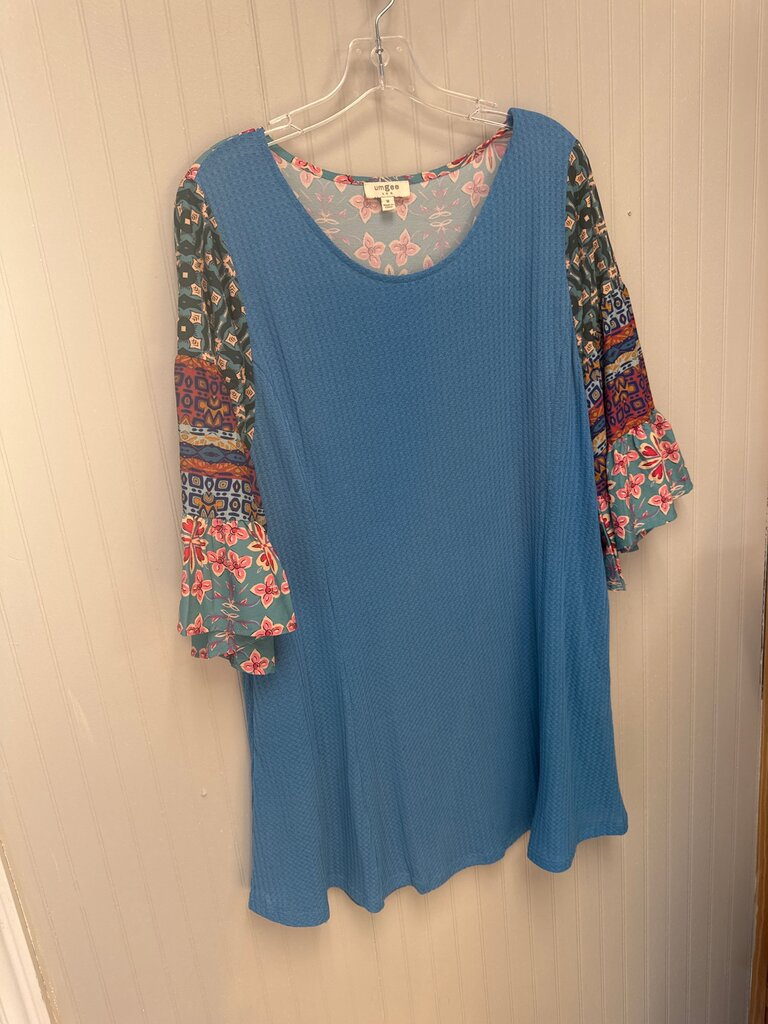 Umgee Women's Blue Tunic Dress with Floral Sleeves