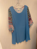 Umgee Women's Blue Tunic Dress with Floral Sleeves