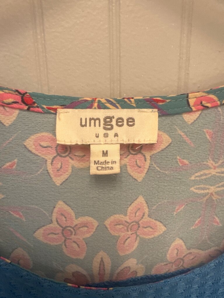 Umgee Women's Blue Tunic Dress with Floral Sleeves