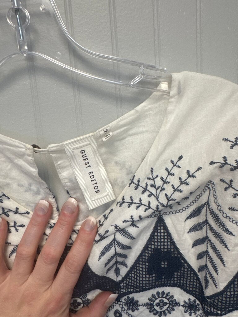 Blue and White Embroidered Top