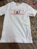 Embroidered White T-Shirt with Pencil and Apple Design