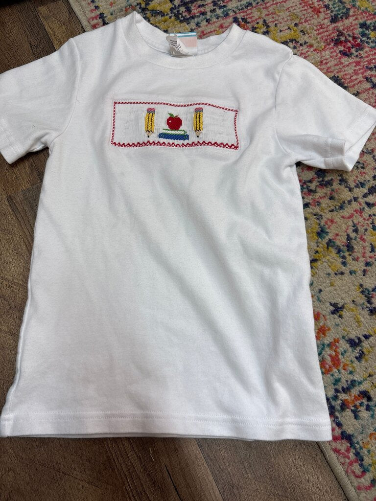 Embroidered White T-Shirt with Pencil and Apple Design